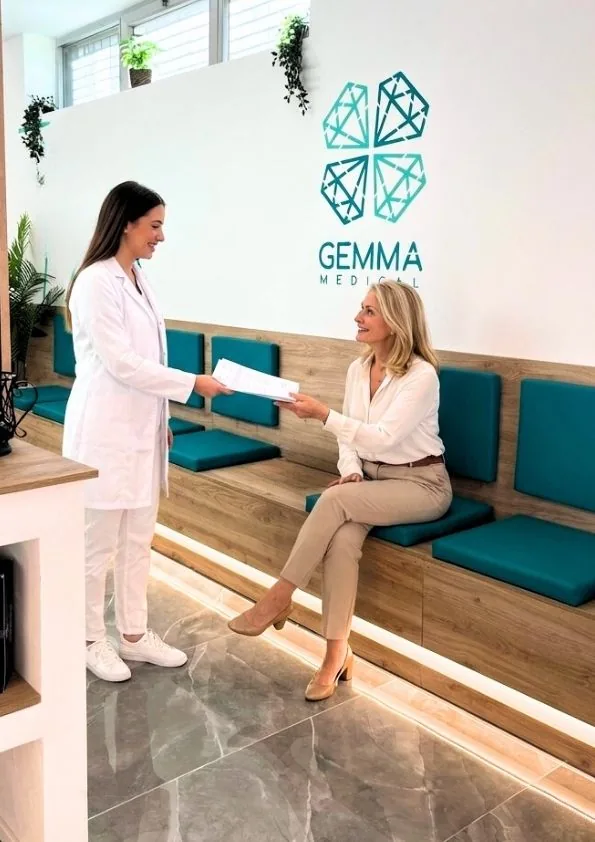 Operatrice in camice bianco consegna un foglio a una signora seduta sulla panca della sala d'attesa, sotto il marchio Gemma Medical a muro