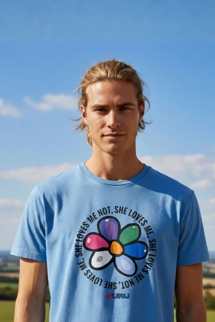 Ragazzo in t-shirt azzurra con la margherita Guru stampata sul petto, cielo aperto alle spalle