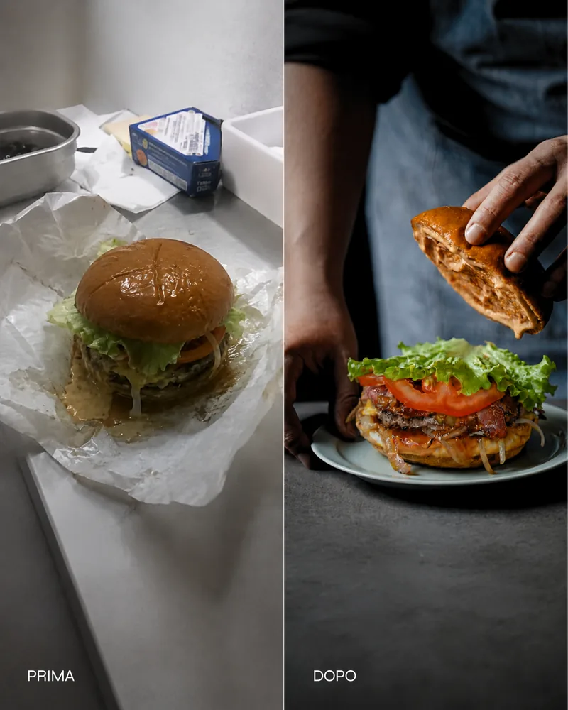 Un panino nella sua carta su un piano da cucina, con le confezioni ancora intorno, e accanto lo stesso panino impiattato mentre due mani gli appoggiano sopra il pane.