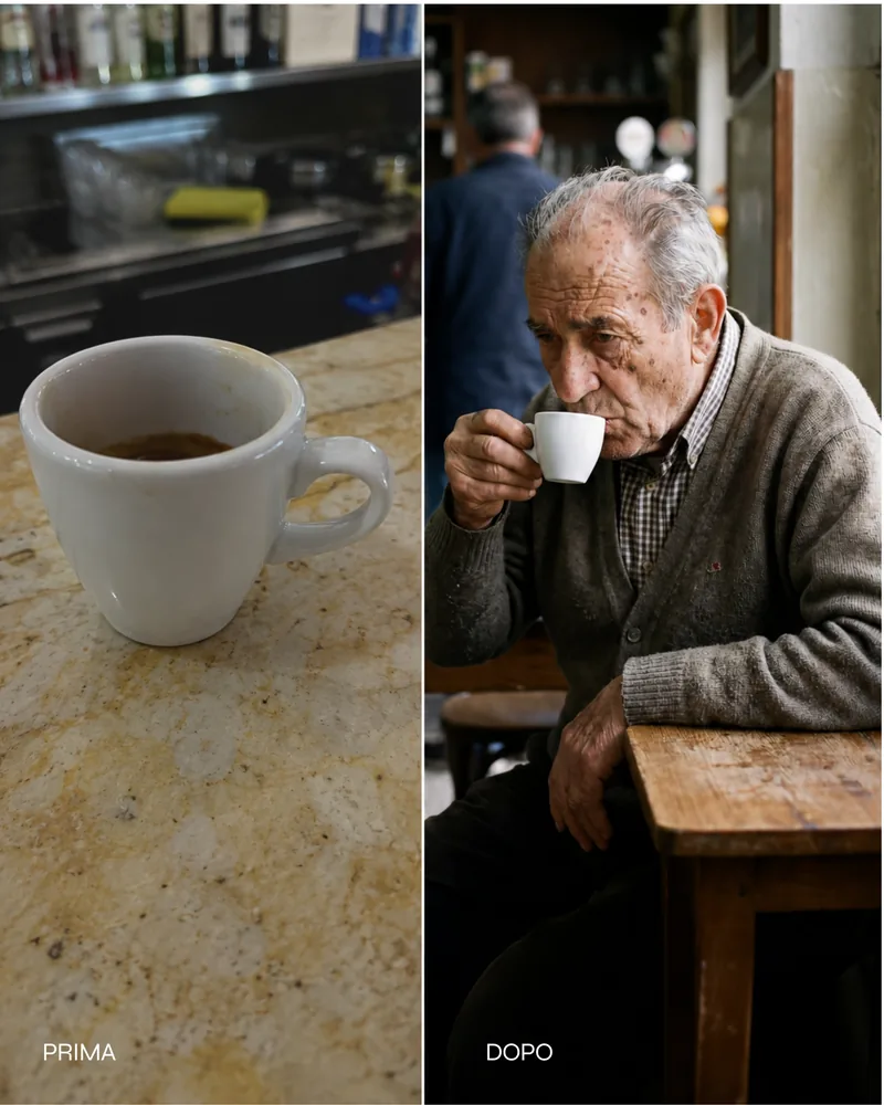Una tazzina di caffè sul bancone di un bar con la macchina sfocata dietro, e accanto la stessa tazzina in mano a un cliente seduto al tavolino.