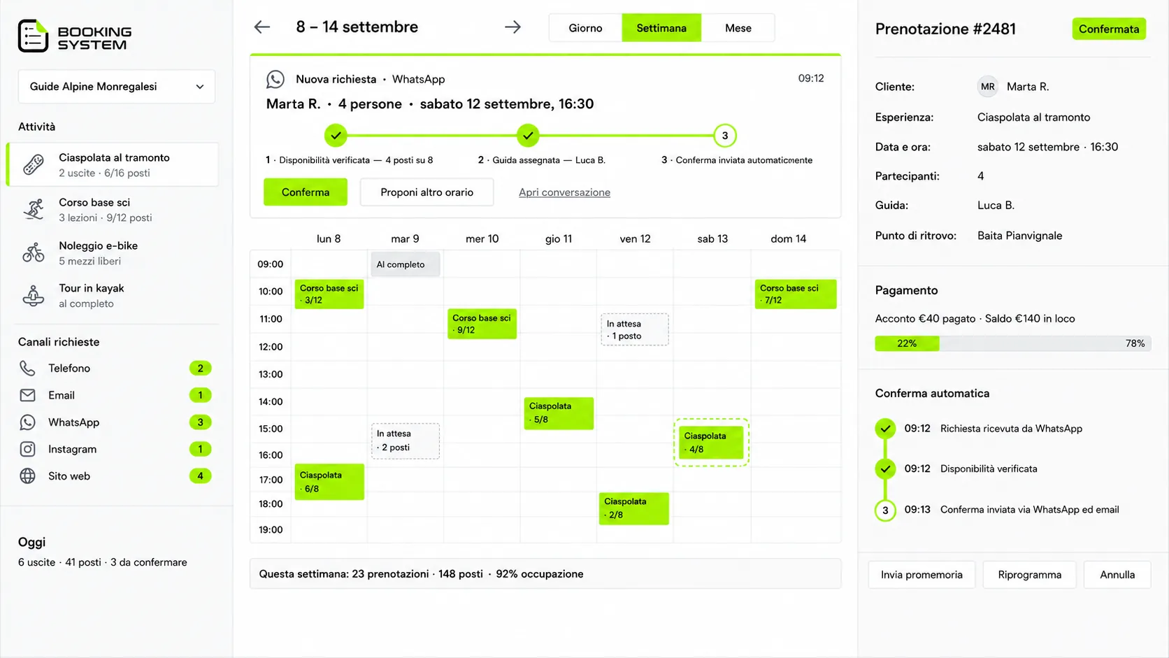 Booking esperienze · richieste da telefono, email, WhatsApp e social che finiscono in un calendario solo