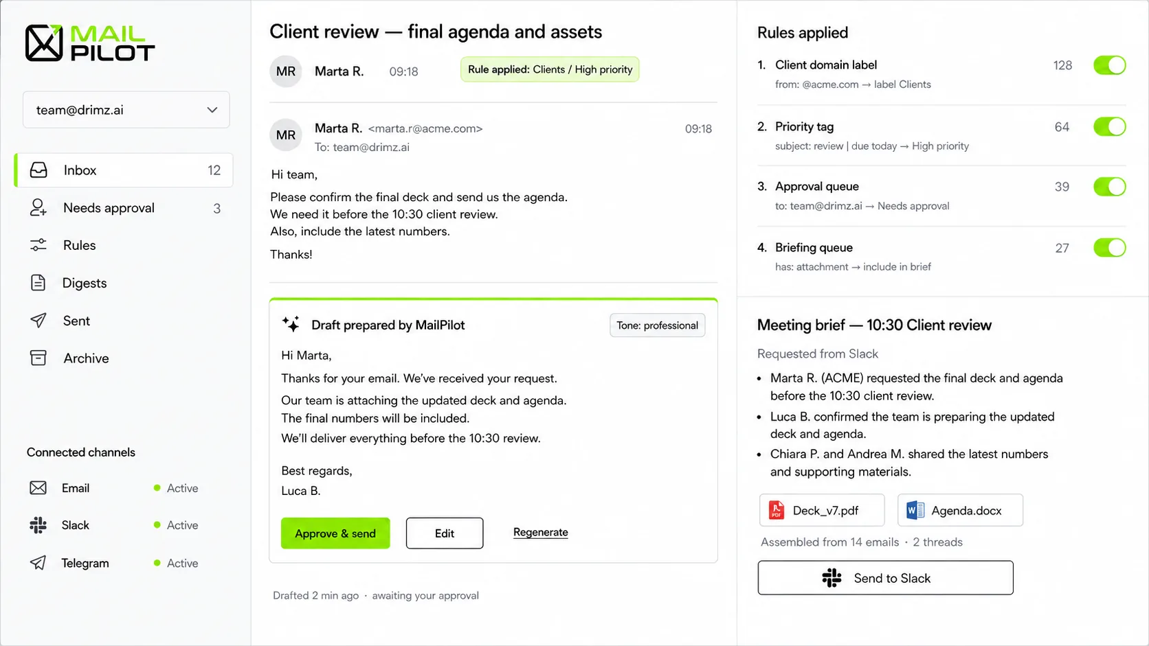 Drimz MailPilot · una risposta preparata in attesa di approvazione, accanto alle regole applicate alla posta
