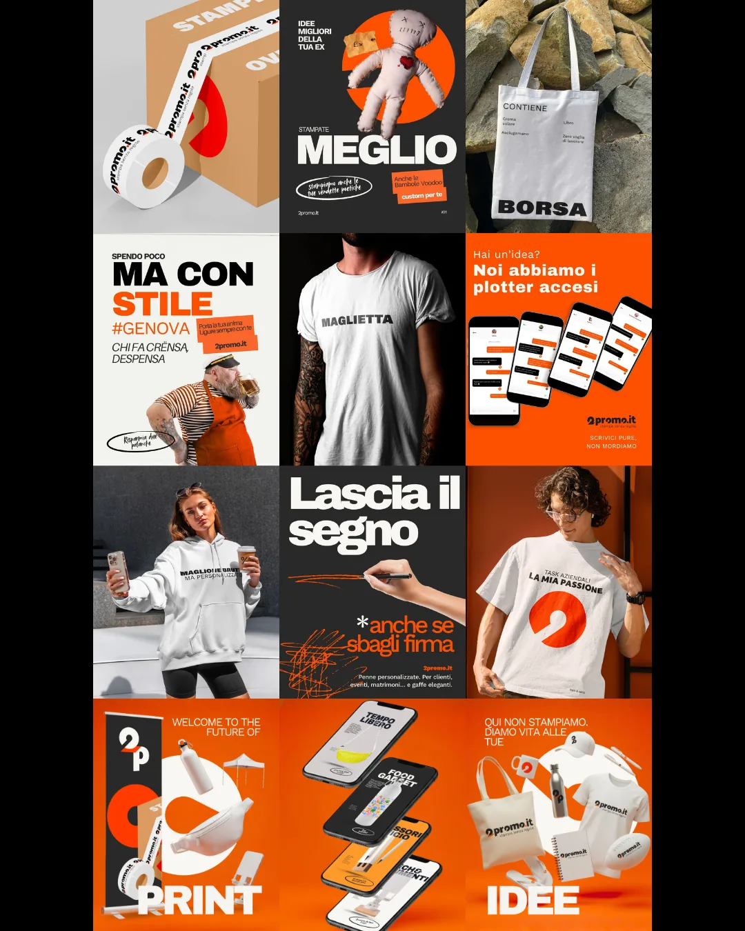 Griglia di un feed Instagram: magliette, borse, adesivi e scatole personalizzate, sull'arancio e il nero del marchio 2Promo