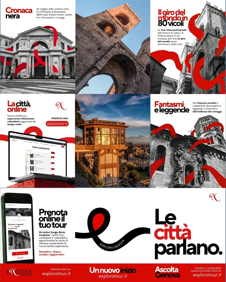 Griglia di un feed Instagram: palazzi, archi e vicoli di Genova, sui rossi e i bianchi del marchio Explora