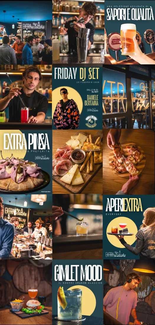 Griglia di un feed Instagram: sala, bancone, drink e locandine delle serate del locale Extra Manche