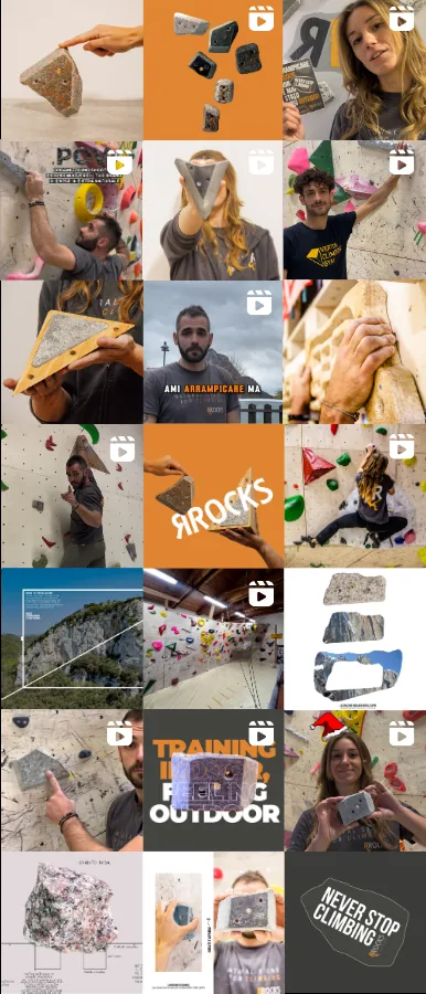 Griglia di un feed Instagram: prese da arrampicata, pareti indoor e uscite in falesia, sull'arancio del marchio RRocks