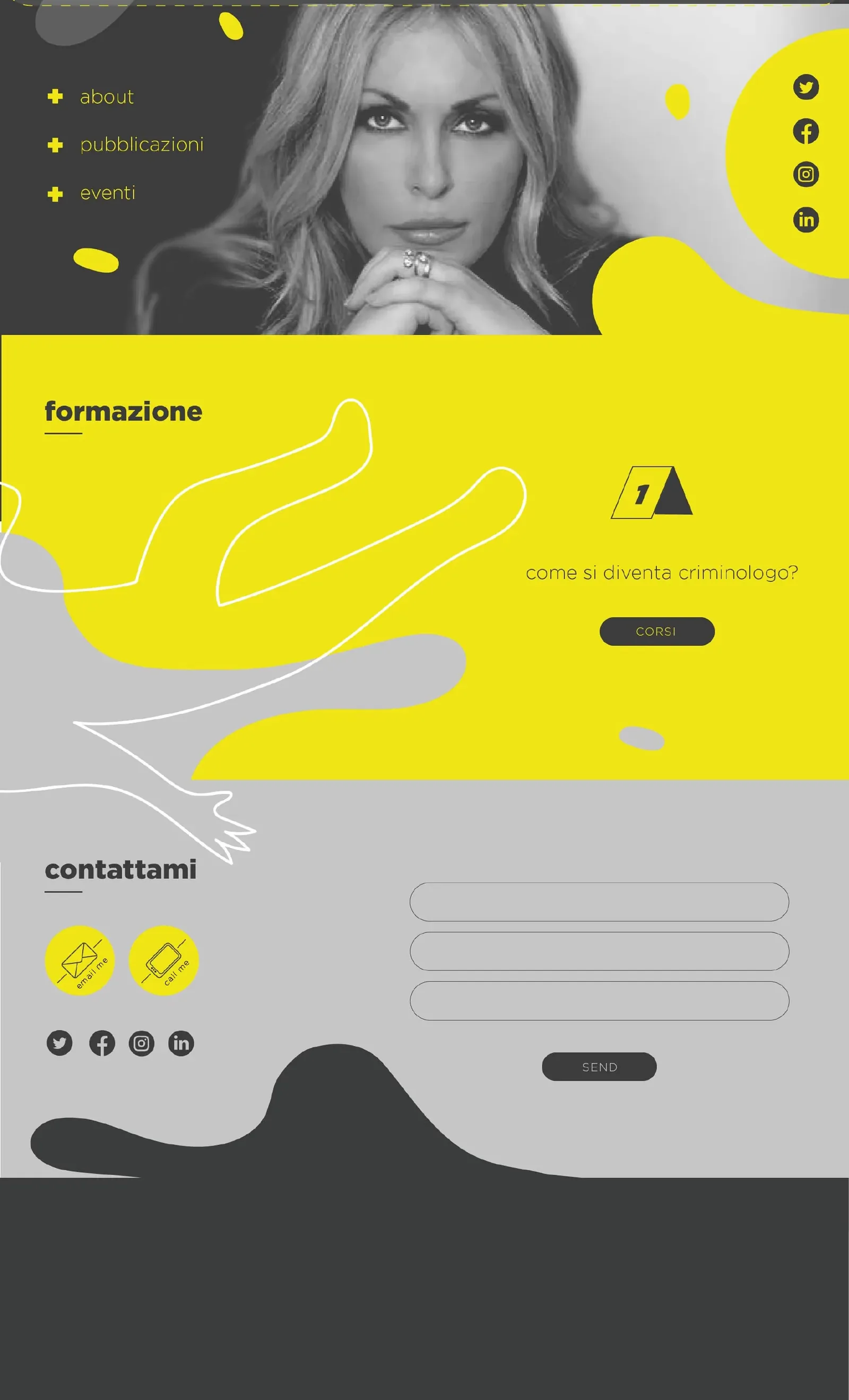 Sito di Roberta Bruzzone, criminologa e psicologa forense: il ritratto in bianco e nero sul giallo del marchio, con about, pubblicazioni ed eventi